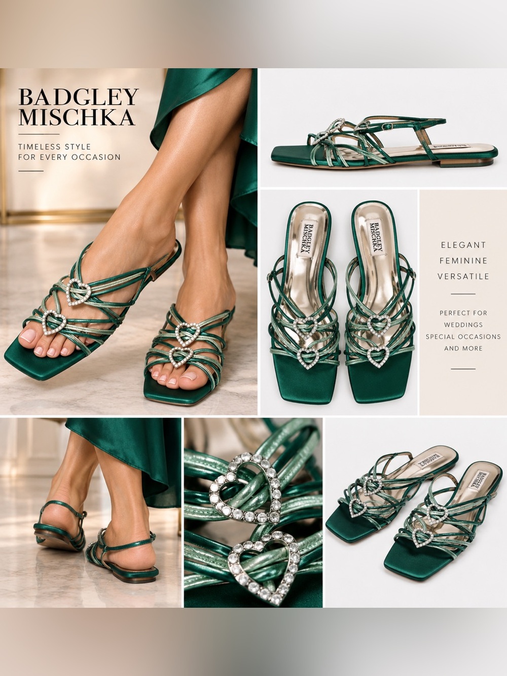 Badgley Mischka Emerald Green Crystal Heart Strappy Sandals Size 6 New